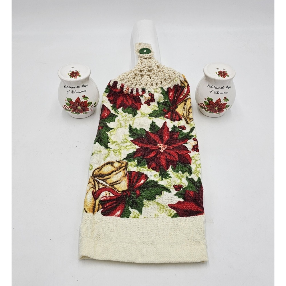 Christmas Holiday Poinsettia Salt Pepper Shaker Set with Matching Kitchen Towel